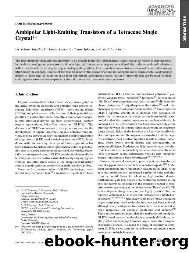 Ambipolar Light-Emitting Transistors of a Tetracene Single Crystal by Unknown