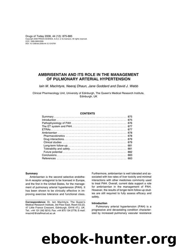 Ambrisentan and its role in the management of pulmonary arterial hypertension by Copyright 2008 Prous Science S.A.U. or its licensors. All rights reserved