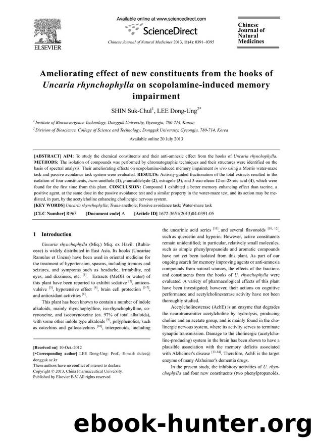 Ameliorating effect of new constituents from the hooks of Uncaria rhynchophylla on scopolamine-induced memory impairment by Suk-Chul SHIN & Dong-Ung LEE