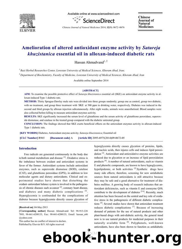 Amelioration of altered antioxidant enzyme activity by Satureja khuzistanica essential oil in alloxan-induced diabetic rats by Hassan Ahmadvand