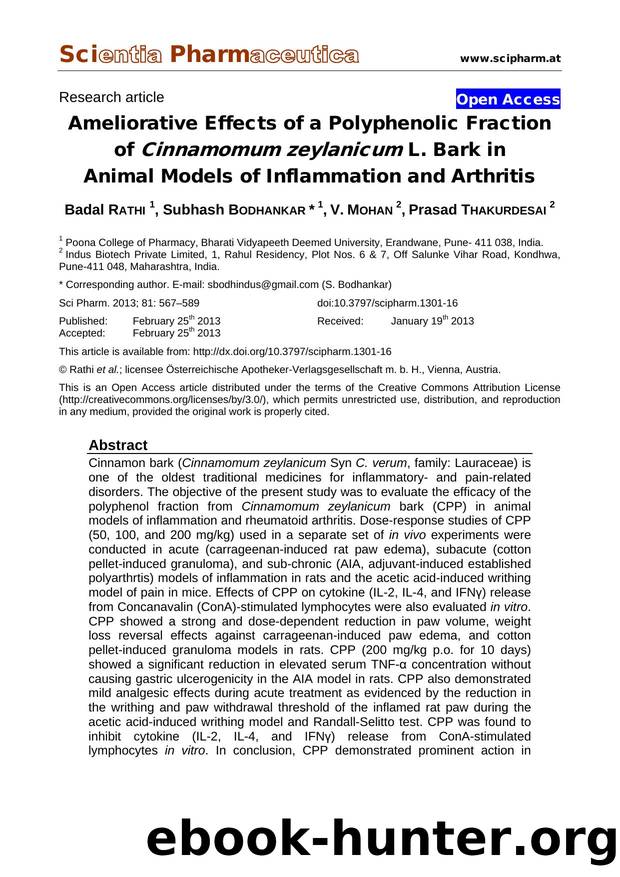 Ameliorative Effects of a Polyphenolic Fraction of Cinnamomum zeylanicum L. Bark in Animal Models of Inflammation and Arthritis by Badal RATHI Subhash BODHANKAR V. MOHAN Prasad THAKURDESAI