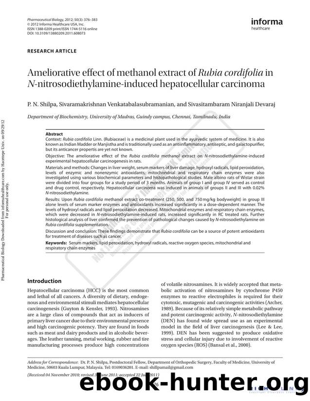 Ameliorative effect of methanol extract of Rubia cordifolia in N-nitrosodiethylamine-induced hepatocellular carcinoma by P. N. Shilpa Sivaramakrishnan Venkatabalasubramanian & Sivasitambaram Niranjali Devaraj