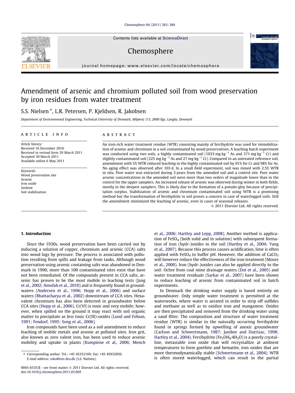 Amendment of arsenic and chromium polluted soil from wood preservation by iron residues from water treatment by S.S. Nielsen & L.R. Petersen & P. Kjeldsen & R. Jakobsen
