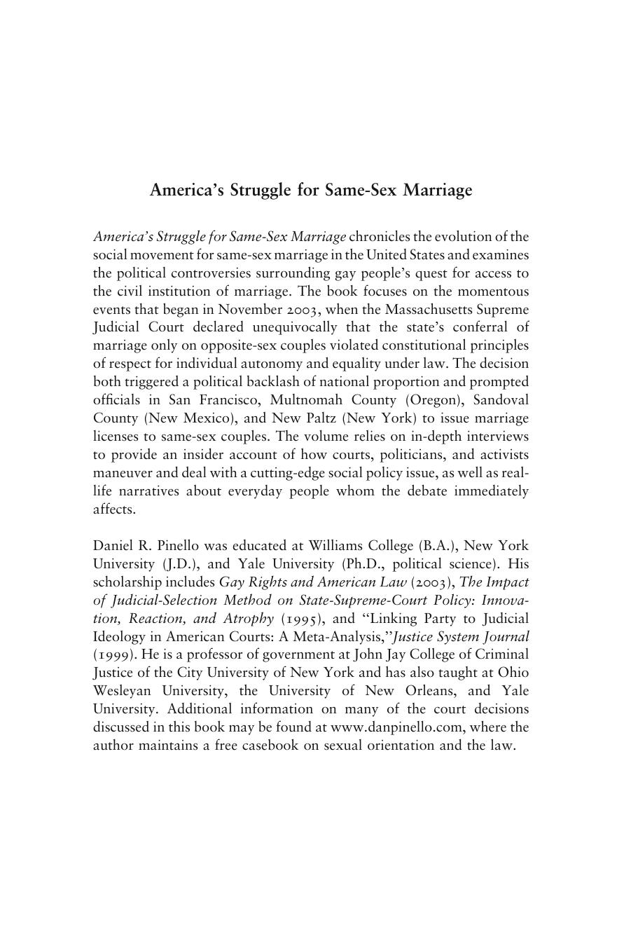 America's Struggle for Same-Sex Marriage by Daniel R. Pinello
