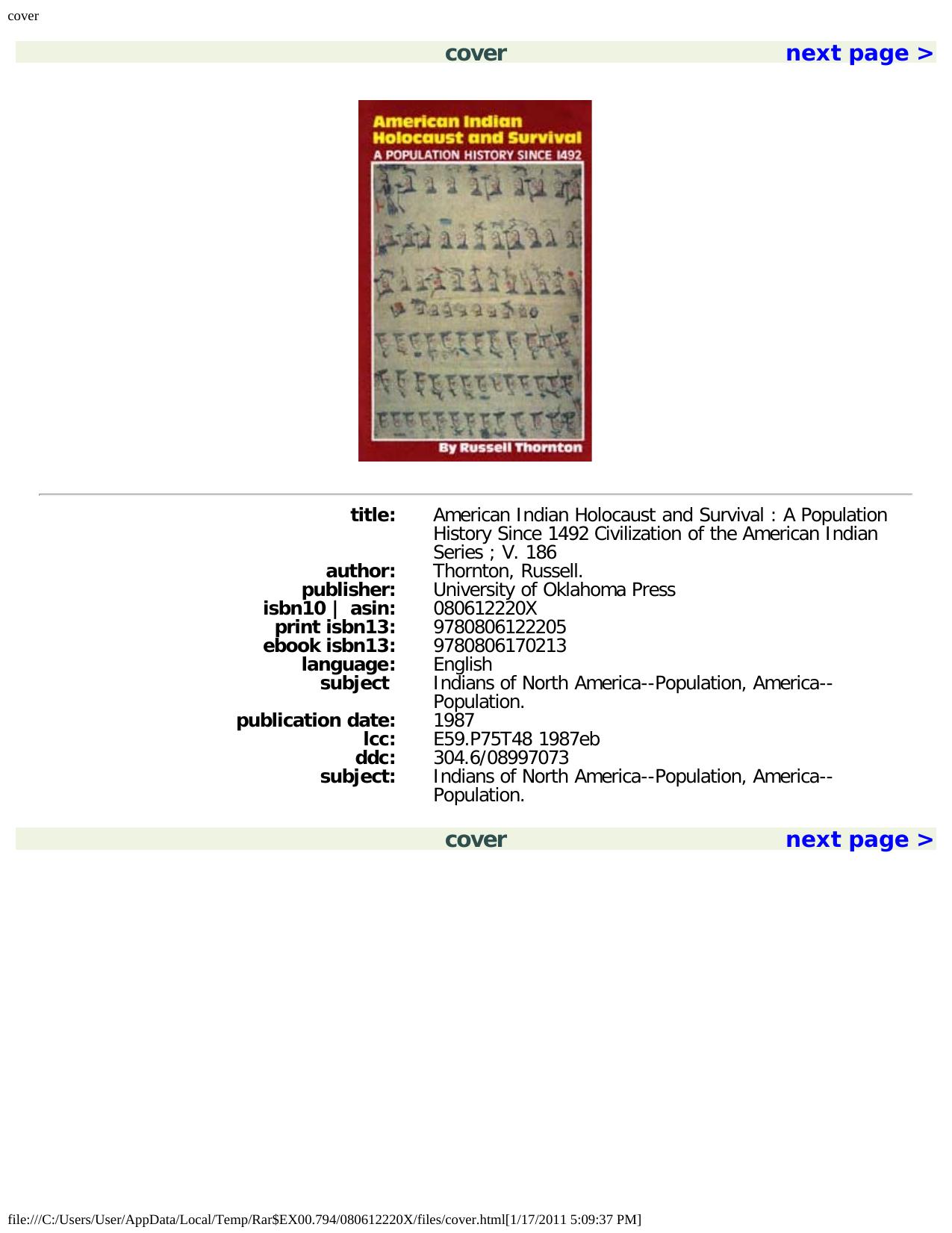 American Indian Holocaust and Survival: A Population History Since 1492 (Civilization of the American Indian) by Russell Thornton