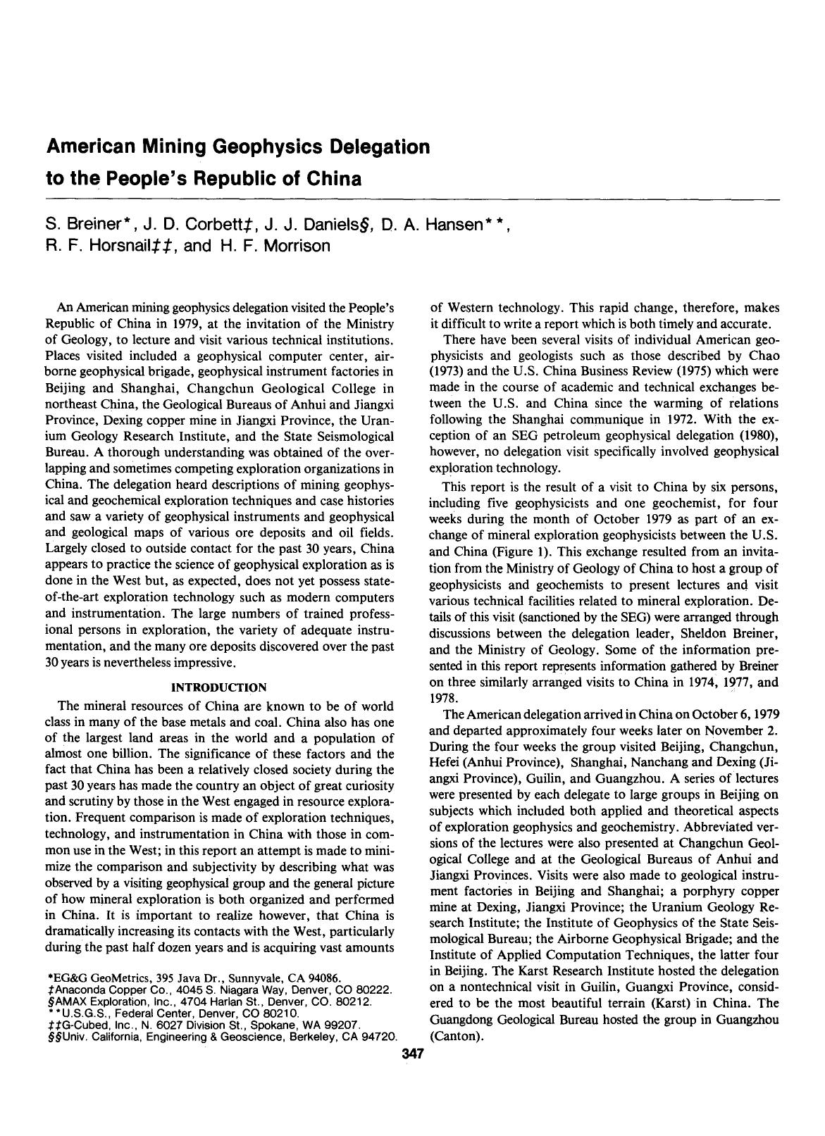 American Mining Geophysics Delegation to the People's Republic of China by S. Breiner J.D. Corbett J.J. Daniels D.A. Hansen R.F. Horsnail H.F. Morrison
