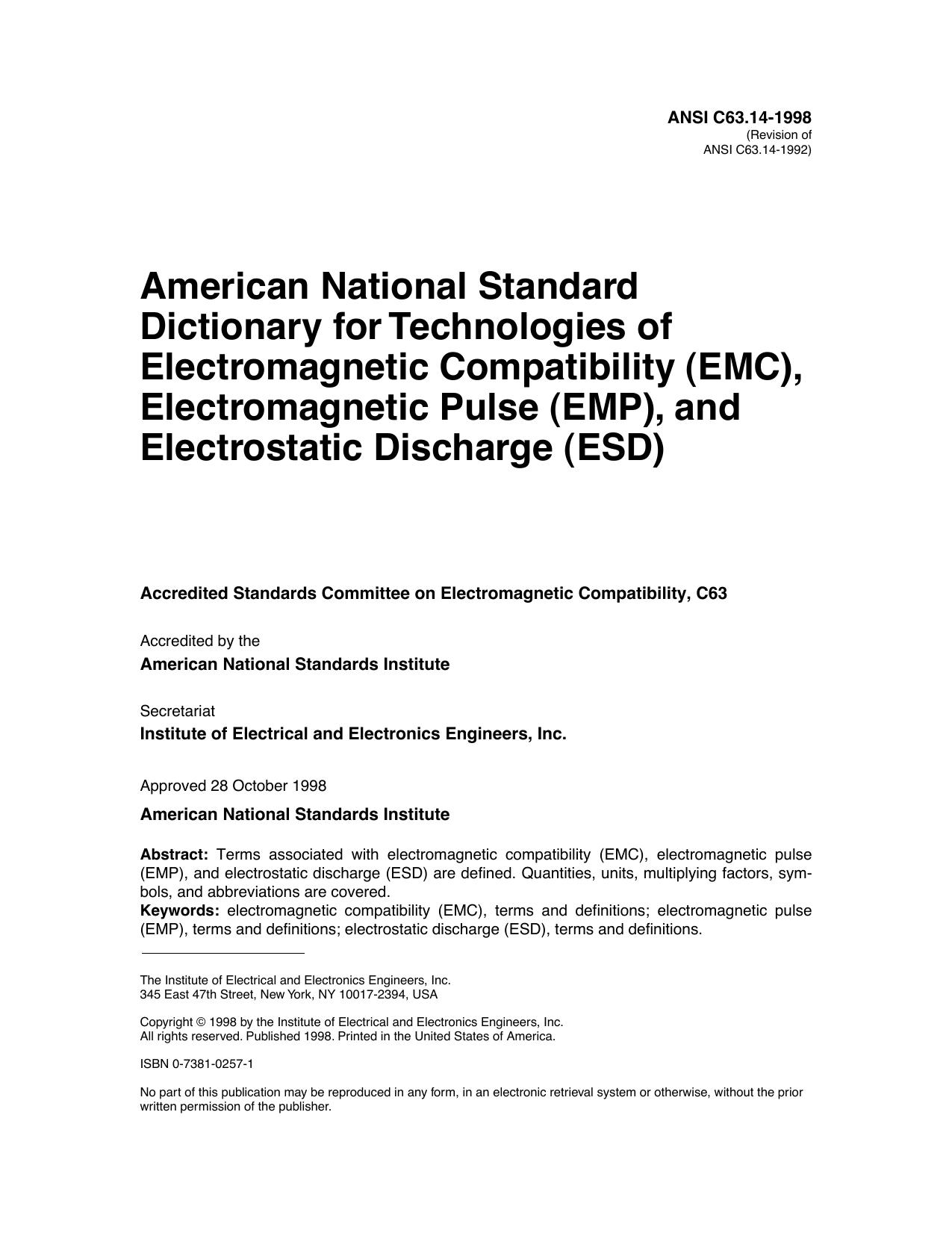 American National Standard Dictionary For Technologies Of Electromagnetic Compatibility (EMC), Elect - ANSI C63.14-1998 by IEEE