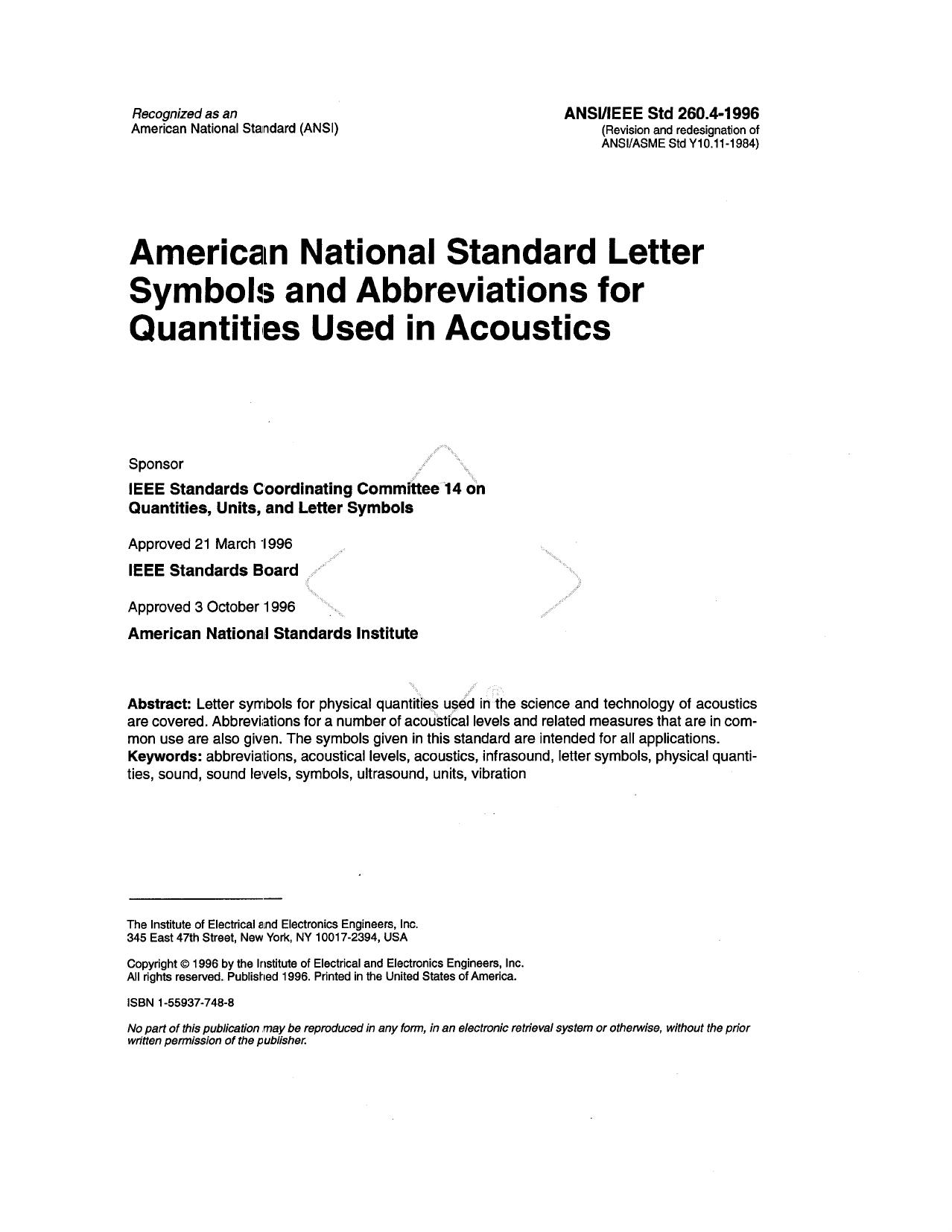 American National Standard Letter Symbols and Abbreviations for Quantities Used in Acoustics - ANSIIEEE Std 260-4-1996 by IEEE