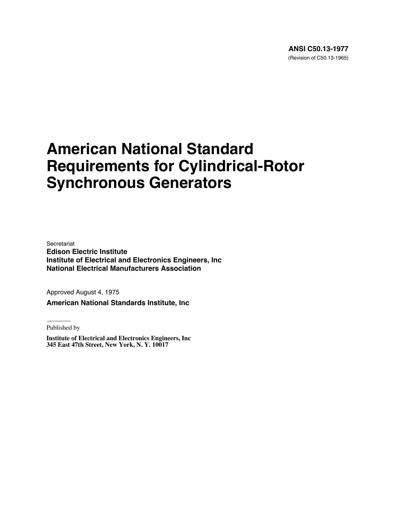 American National Standard Requirements for Cylindrical-Rotor Synchronous Generators - ANSI C50.13-1977 (Revision of C50.13-1965) by Unknown