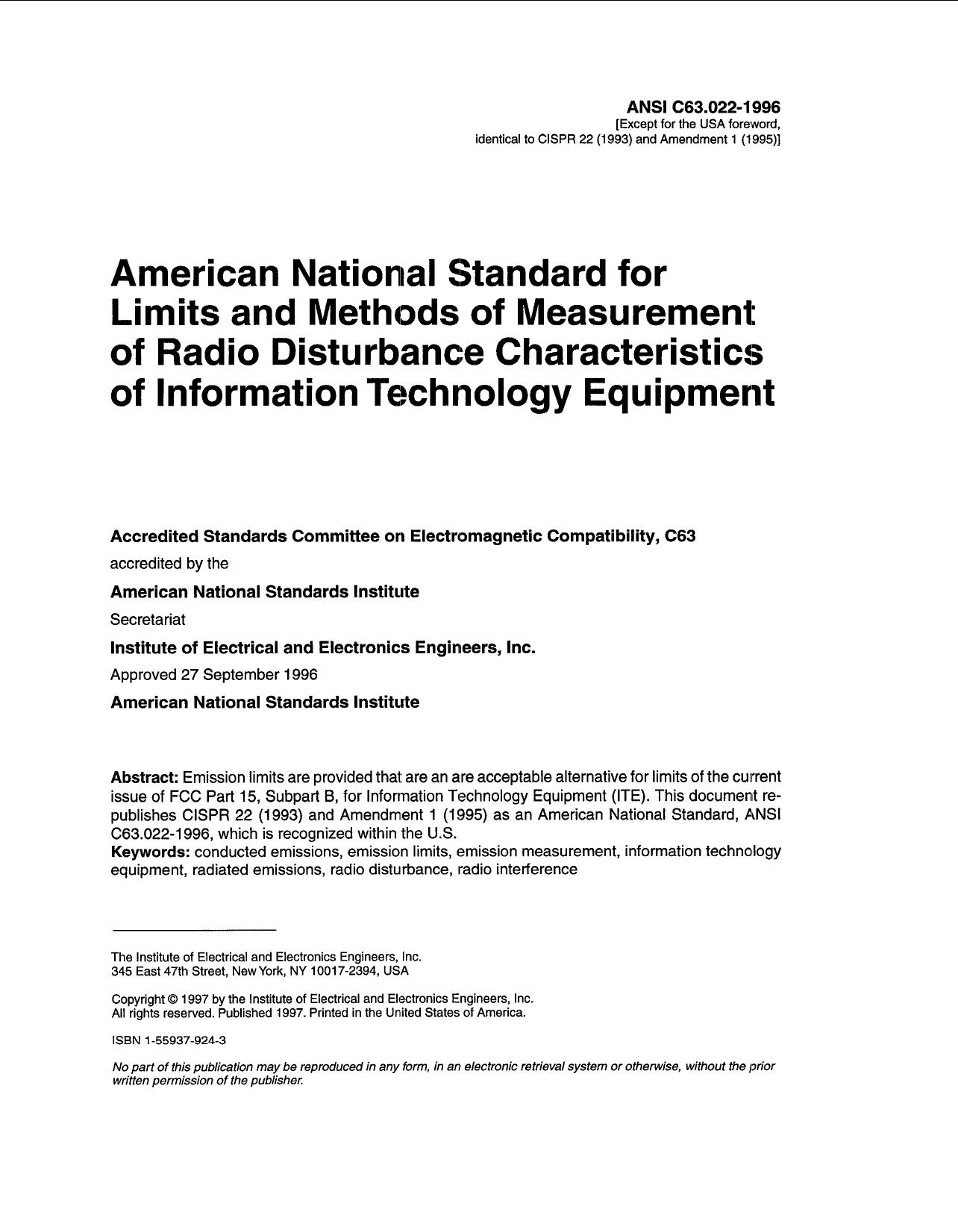 American National Standard for Limits and Methods of Measurement of Radio Disturbance Characteristic - ANSI C63.022-1996 by IEEE
