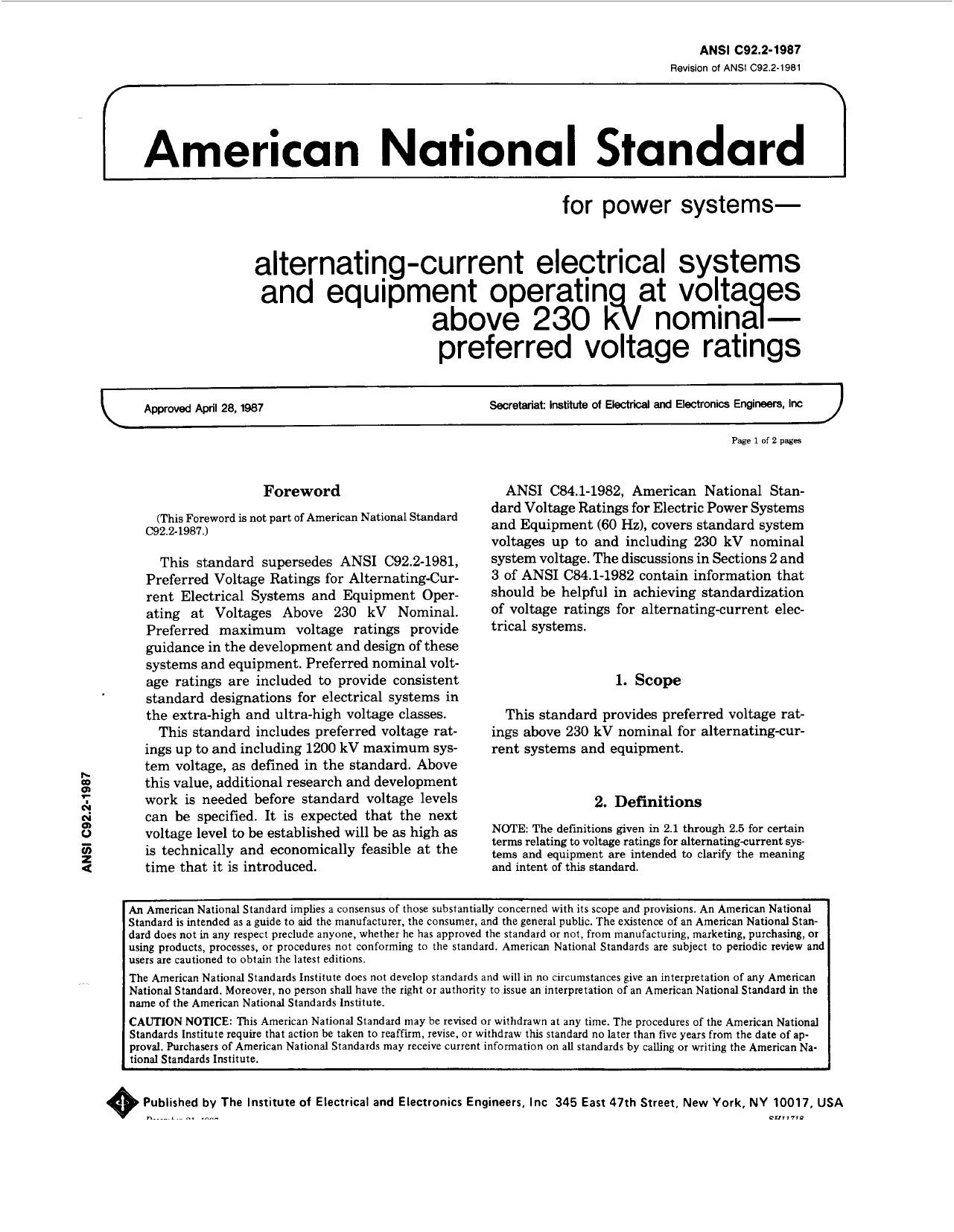 American National Standard for power systems - alternating-current electrical systems and equipment - ANSI Std C92.2-1987 by IEEE