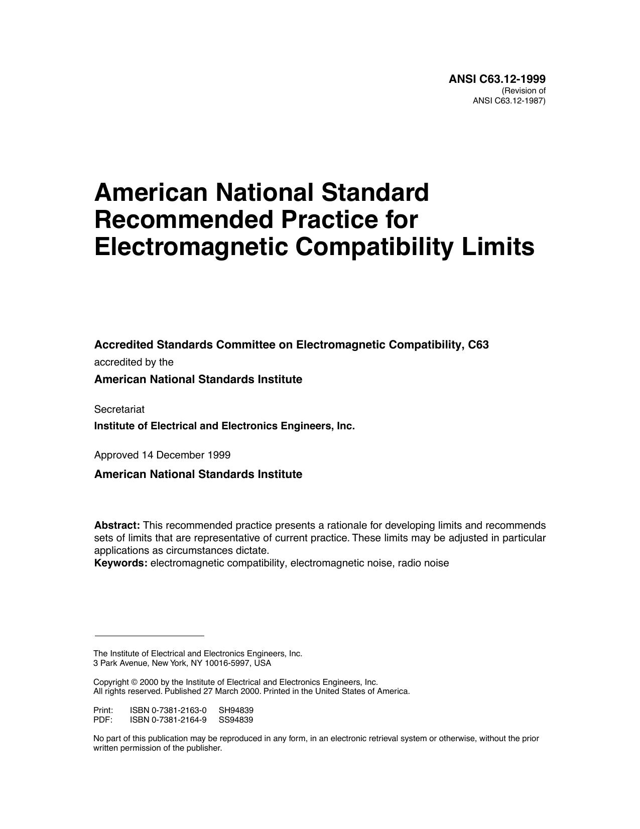 American national standard recommended practice for electromagnetic compatibility limits - ANSI C63.12-1999 by IEEE