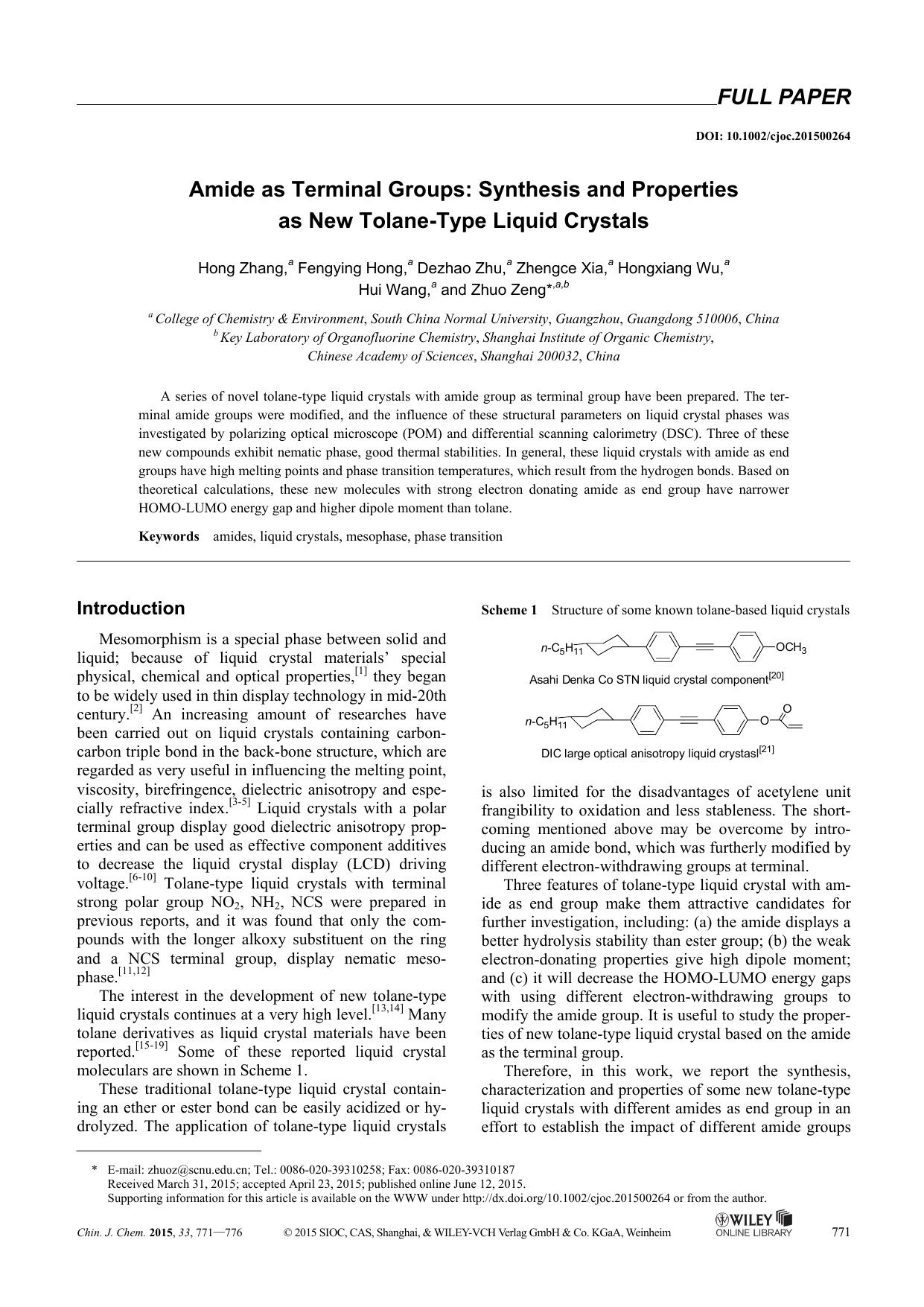 Amide as Terminal Groups: Synthesis and Properties as New TolaneType Liquid Crystals by kxk1