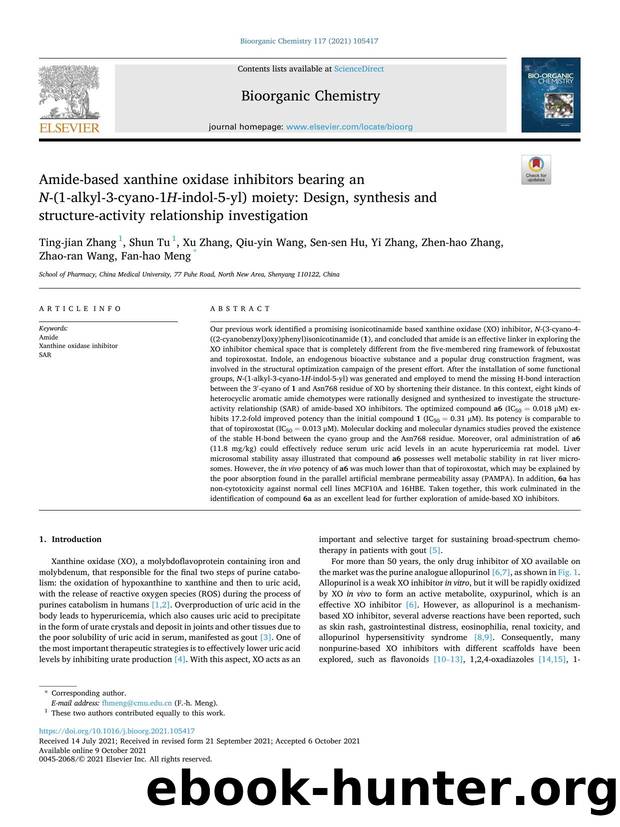 Amide-based xanthine oxidase inhibitors bearing an N -(1-alkyl-3-cyano-1 H -indol-5-yl) moiety: Design, synthesis and structure-activity relationship investigation by unknow