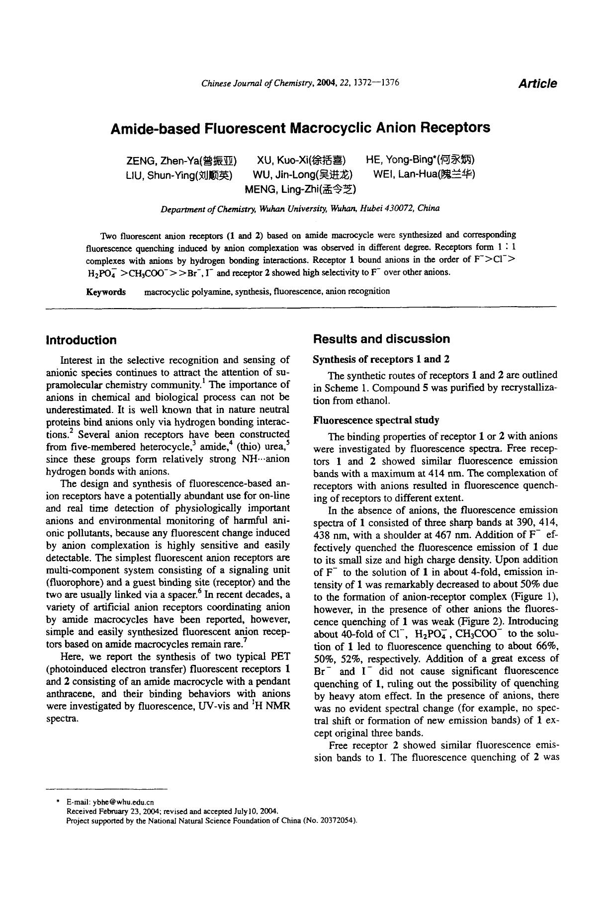 Amidebased fluorescent macrocyclic anion receptors by Unknown