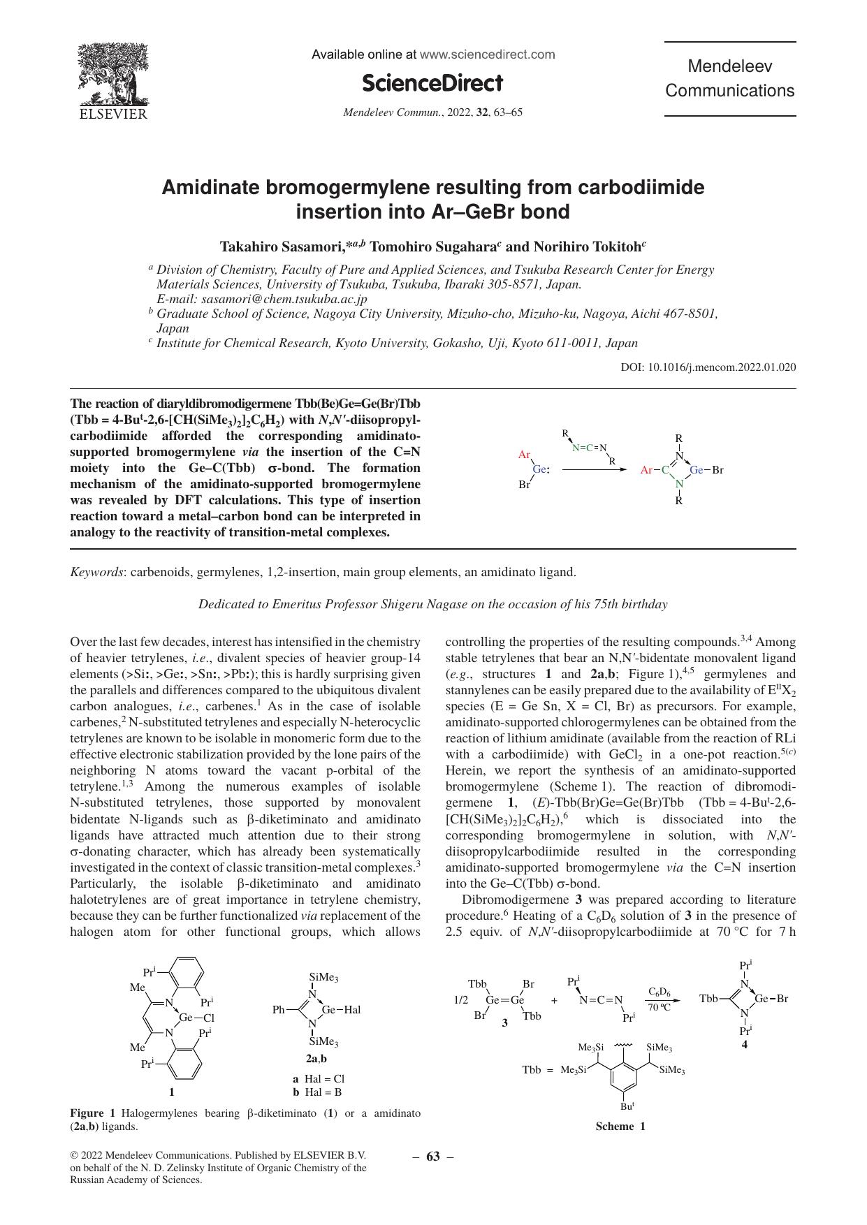 Amidinate bromogermylene resulting from carbodiimide insertion into ArâGeBr bond by Takahiro Sasamori & Tomohiro Sugahara & Norihiro Tokitoh