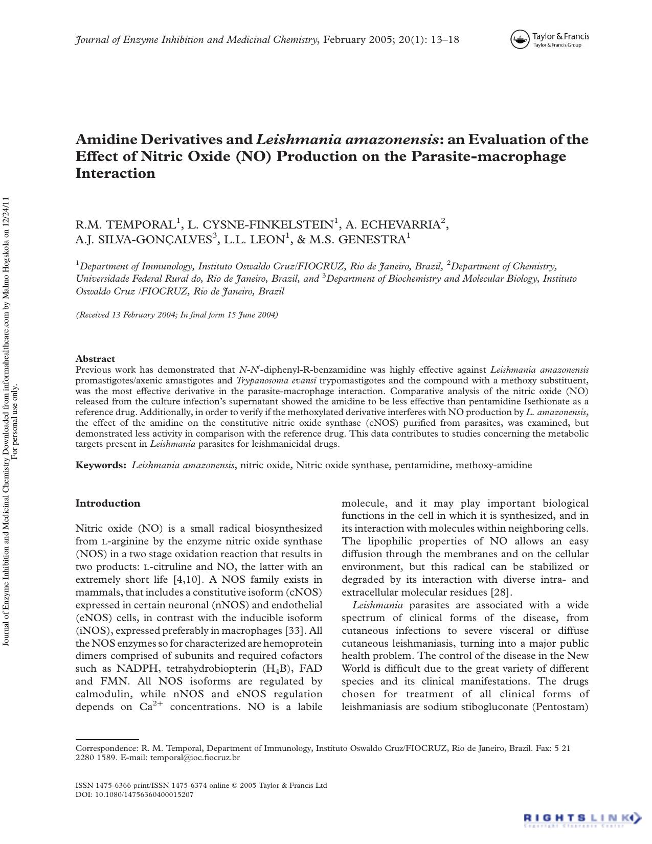Amidine Derivatives and Leishmania amazonensis: an Evaluation of the Effect of Nitric Oxide (NO) Production on the Parasite-macrophage Interaction by unknow