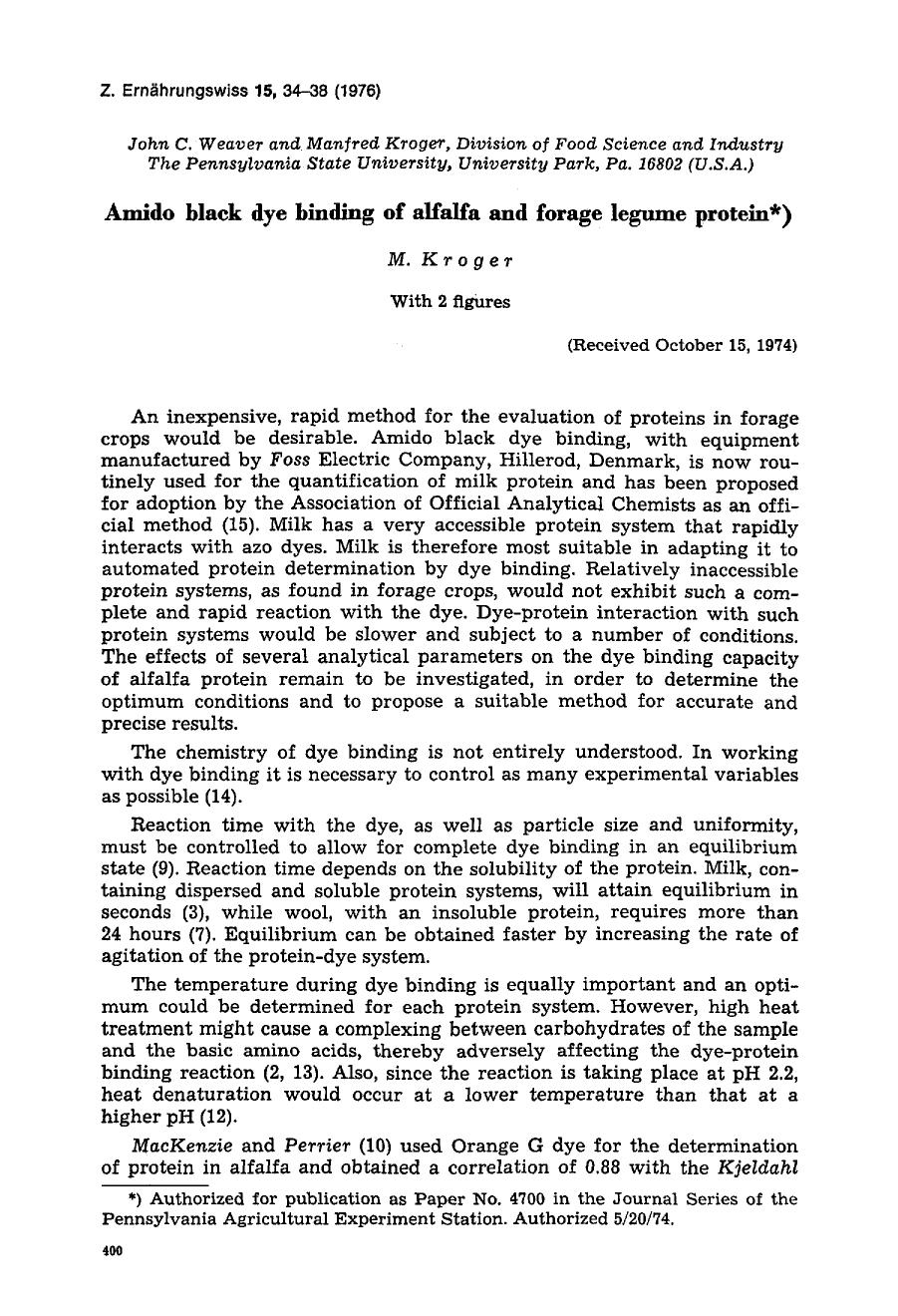 Amido black dye binding of alfalfa and forage legume protein by Unknown