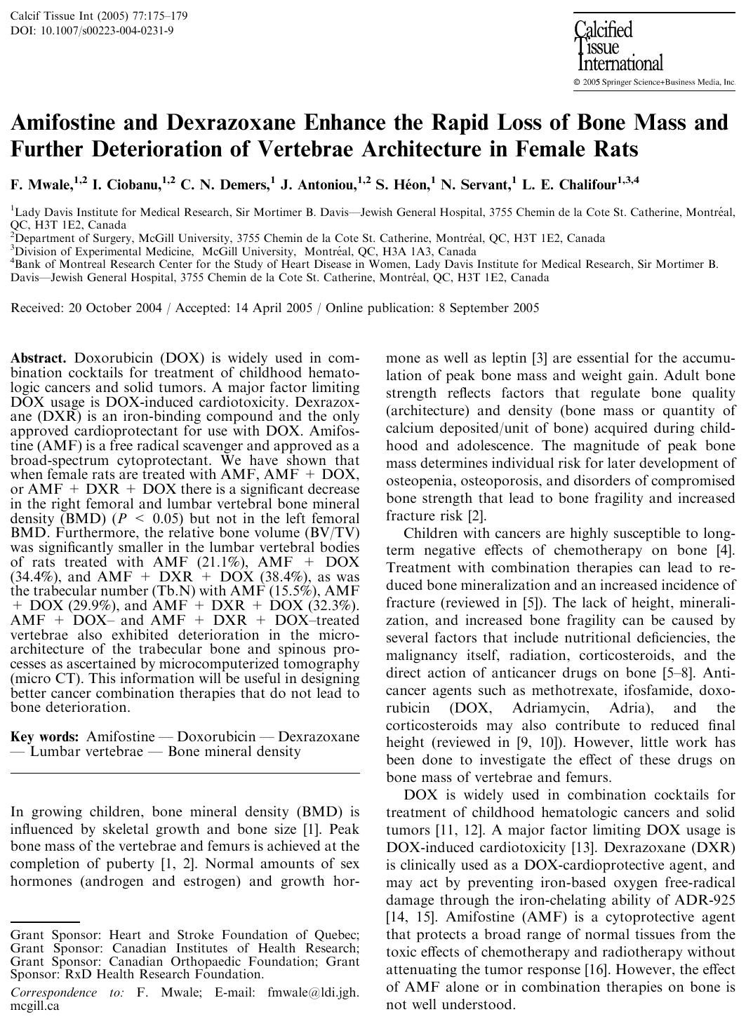 Amifostine and Dexrazoxane Enhance the Rapid Loss of Bone Mass and Further Deterioration of Vertebrae Architecture in Female Rats by Mwale F. et al