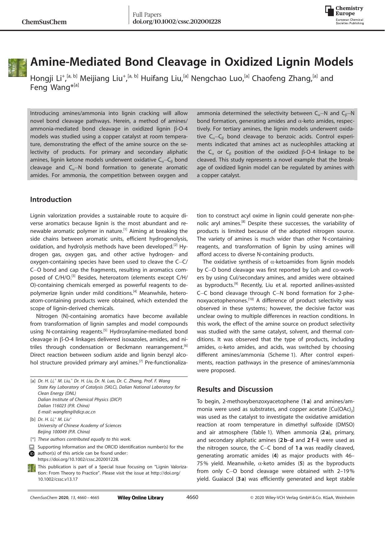 AmineâMediated Bond Cleavage in Oxidized Lignin Models by Unknown