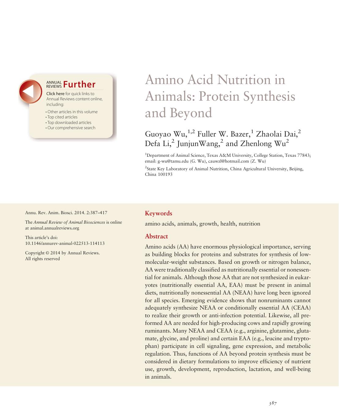 Amino Acid Nutrition in Animals: Protein Synthesis and Beyond by Guoyao Wu Fuller W. Bazer Zhaolai Dai Defa Li Junjun Wang Zhenlong Wu