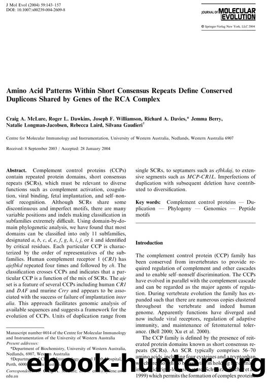 Amino Acid Pattern Within Short Consensus Repeat Define Conserved Duplicons Shared by Genes of the RCA Complex by McLure C.A. et al