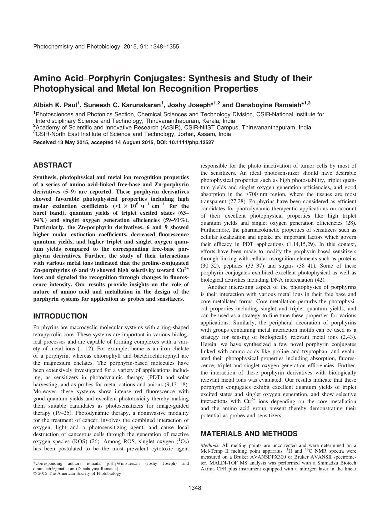 Amino Acid&#x2013;Porphyrin Conjugates: Synthesis and Study of their Photophysical and Metal Ion Recognition Properties by Unknown