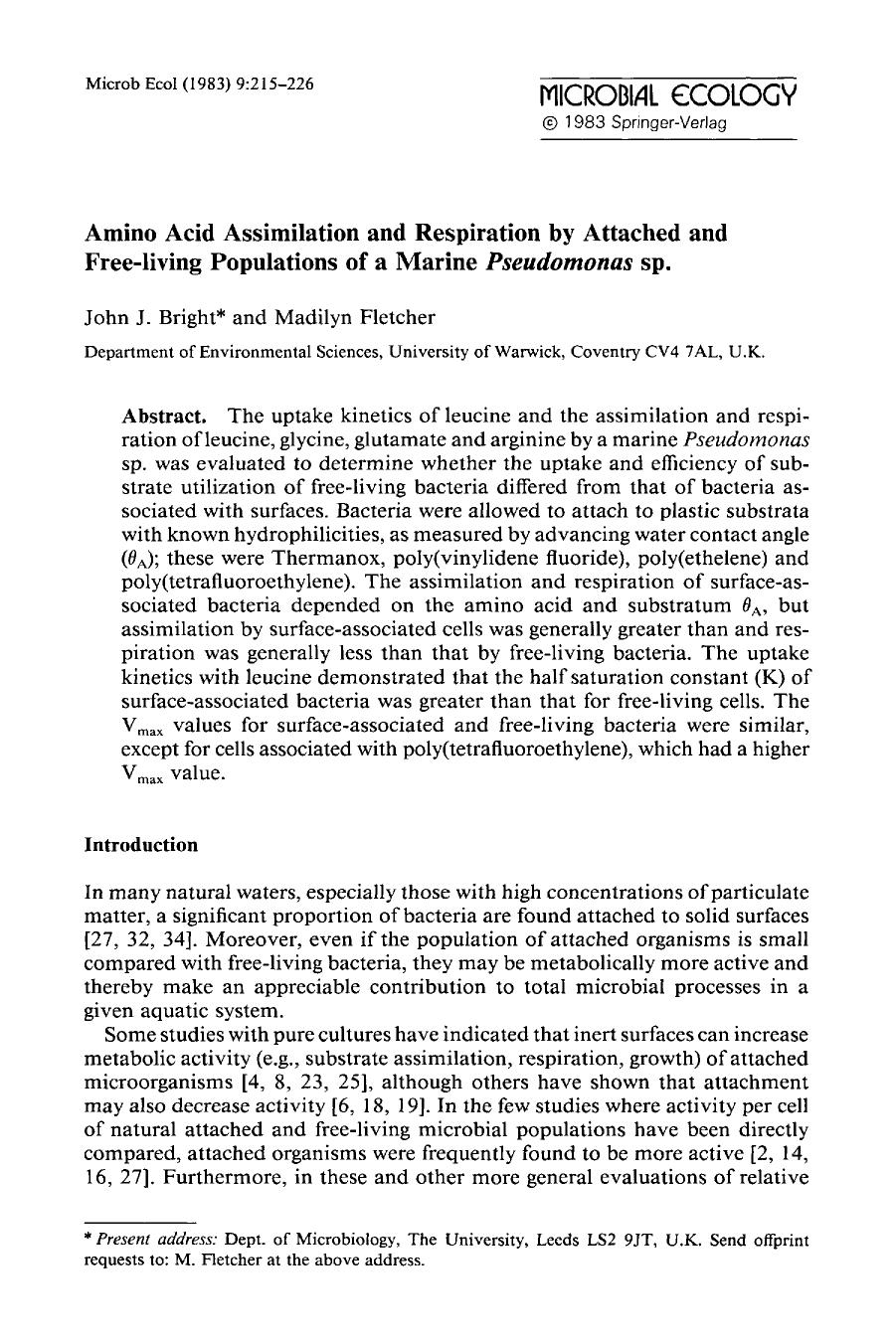 Amino acid assimilation and respiration by attached and free-living populations of a marine <Emphasis Type="Italic">Pseudomonas <Emphasis> sp. by Unknown