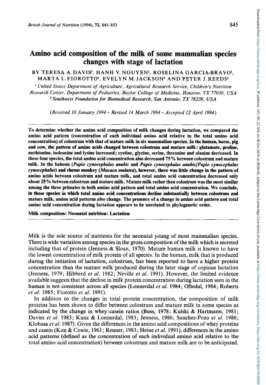 Amino acid composition of the milk of some mammalian species changes with stage of lactation by unknow