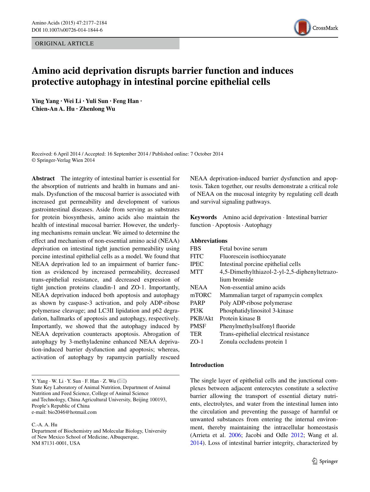 Amino acid deprivation disrupts barrier function and induces protective autophagy in intestinal porcine epithelial cells by Ying Yang & Wei Li & Yuli Sun & Feng Han & Chien-An A. Hu & Zhenlong Wu