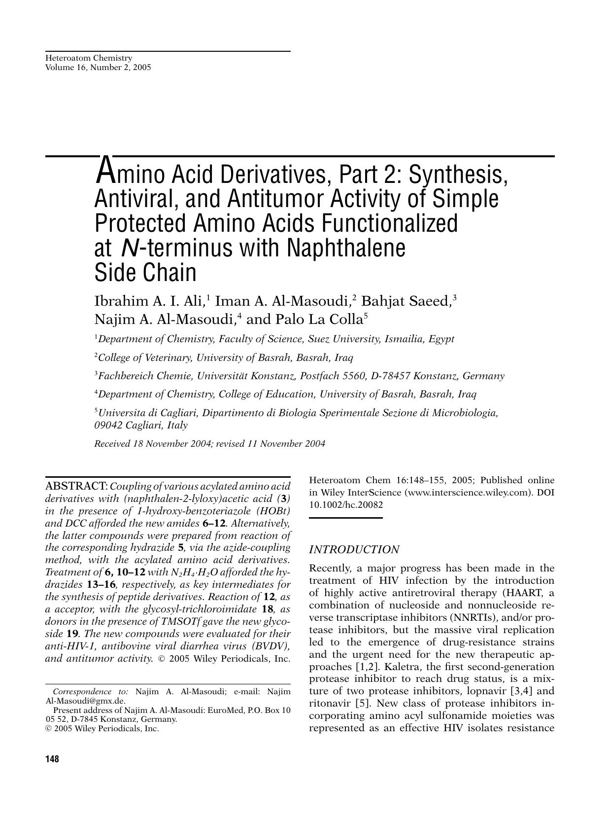 Amino acid derivatives, part 2: Synthesis, antiviral, and antitumor activity of simple protected amino acids functionalized at N-terminus with naphthalene side chain by gnm
