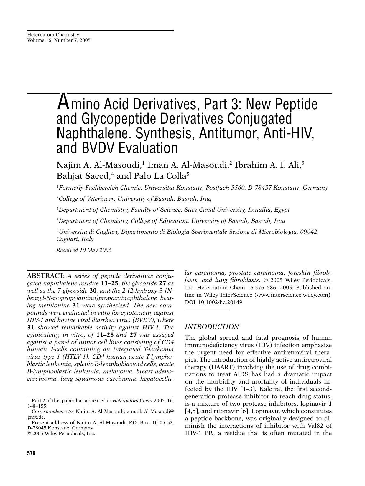 Amino acid derivatives, part 3: New peptide and glycopeptide derivatives conjugated naphthalene. Synthesis, antitumor, anti-HIV, and BVDV evaluation by pinnacle
