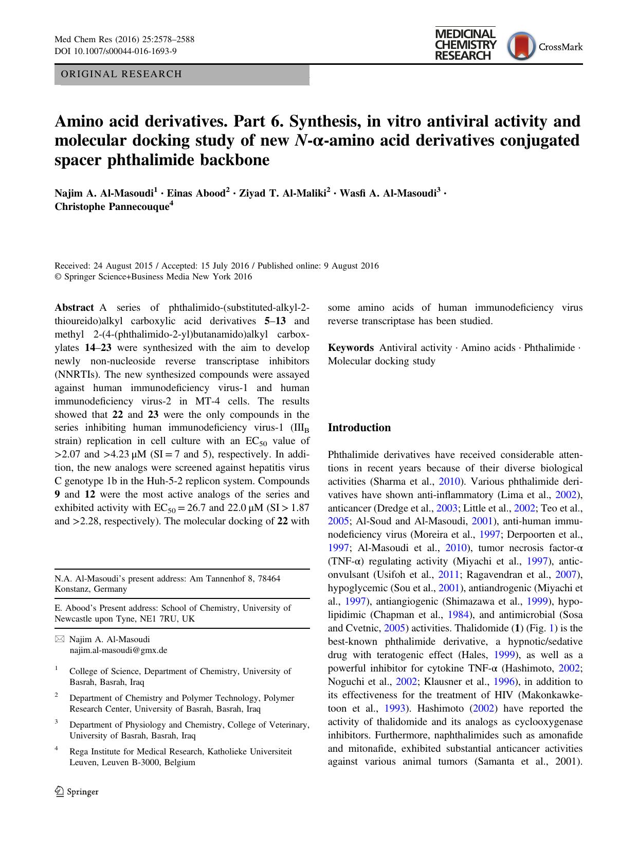 Amino acid derivatives. Part 6. Synthesis, in vitro antiviral activity and molecular docking study of new N-ÃÂ±-amino acid derivatives conjugated spacer phthalimide backbone by unknow