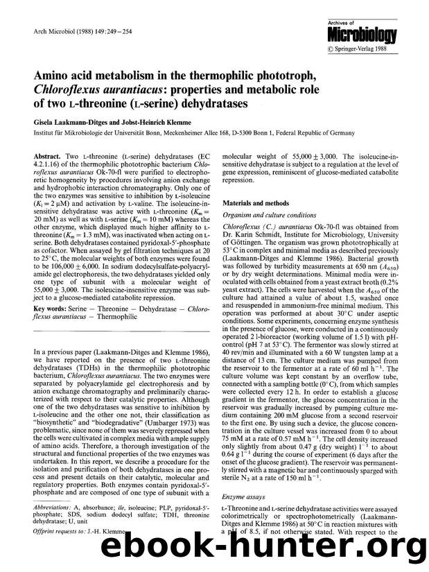Amino acid metabolism in the thermophilic phototroph, <Emphasis Type="Italic">Chloroflexus aurantiacus<Emphasis>: properties and metabolic role of two <Emphasis Type="SmallCaps">l< by Unknown