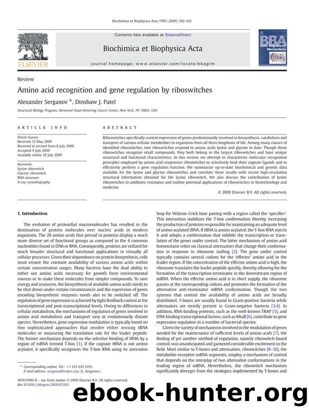 Amino acid recognition and gene regulation by riboswitches by Alexander Serganov; Dinshaw J. Patel