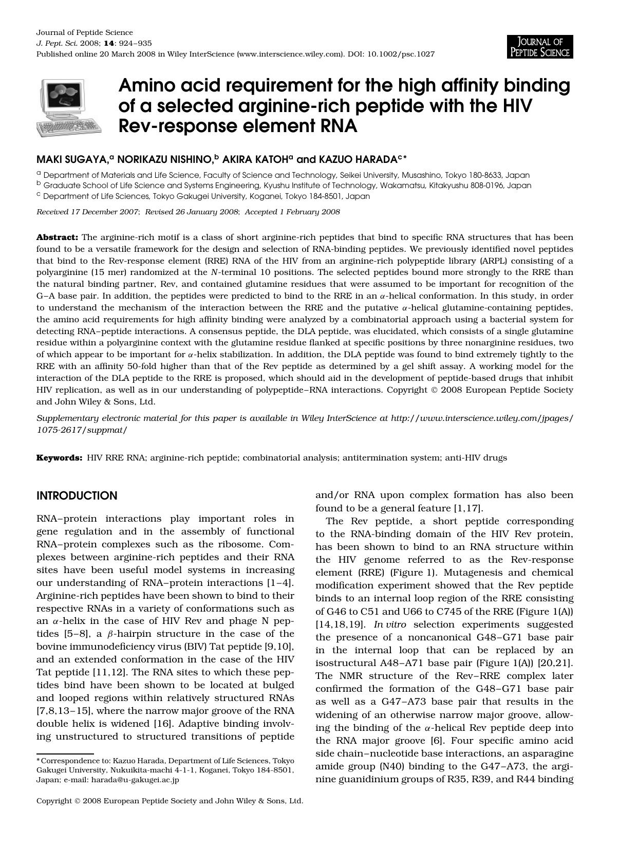 Amino acid requirement for the high affinity binding of a selected arginine-rich peptide with the HIV Rev-response element RNA by Unknown