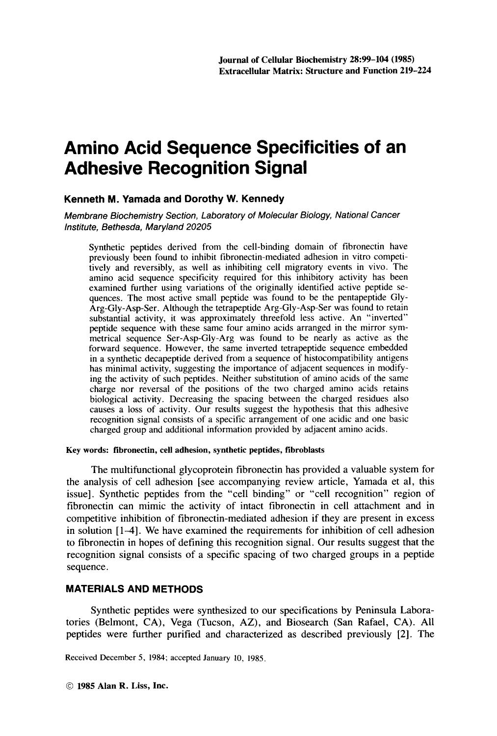 Amino acid sequence specificities of an adhesive recognition signal by Unknown