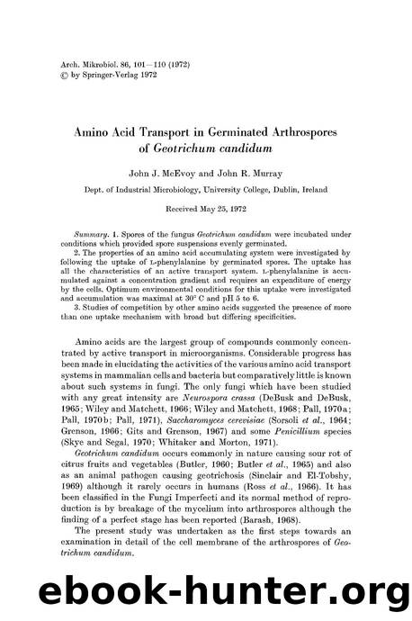 Amino acid transport in germinated arthrospores of <Emphasis Type="Italic">Geotrichum candidum<Emphasis> by Unknown