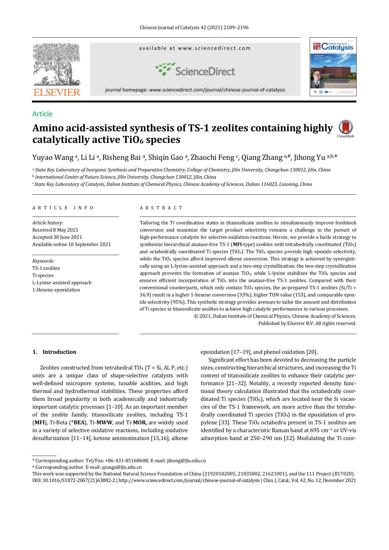 Amino acid-assisted synthesis of TS-1 zeolites containing highly catalytically active TiO6 species by Yuyao Wang