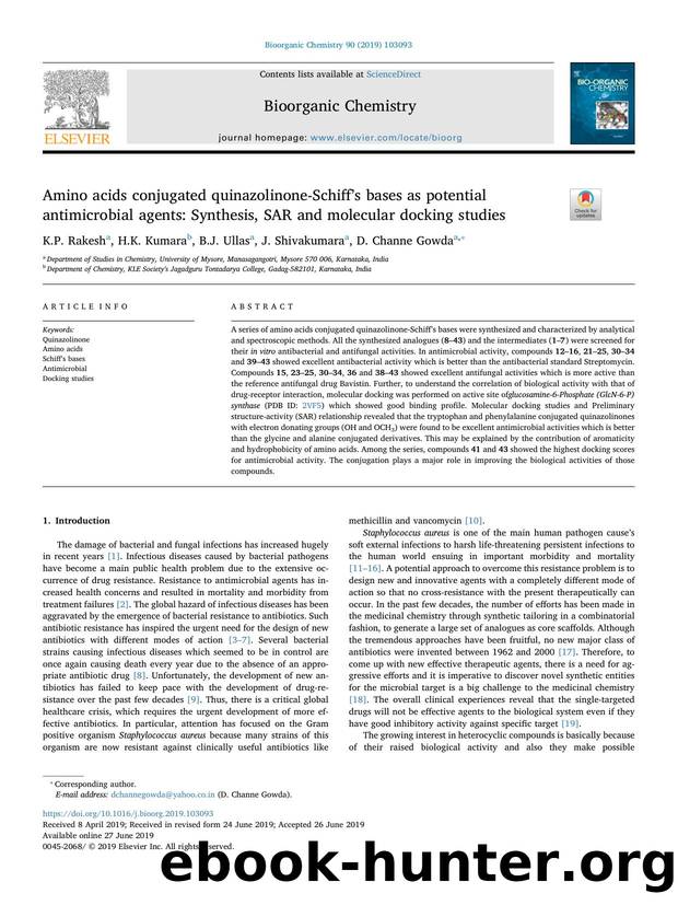 Amino acids conjugated quinazolinone-Schiffâs bases as potential antimicrobial agents_ Synthesis, SAR and molecular docking studies by K.P. Rakesh & H.K. Kumara & B.J. Ullas & J. Shivakumara & D. Channe Gowda