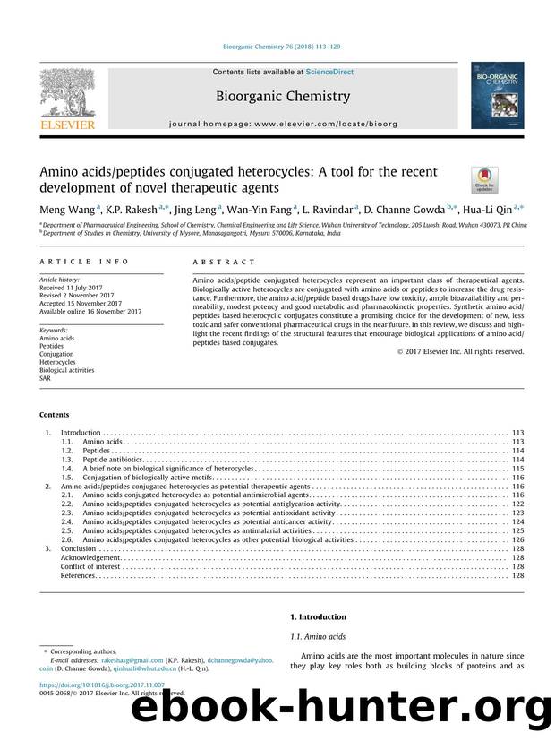 Amino acidspeptides conjugated heterocycles: A tool for the recent development of novel therapeutic agents by Meng Wang & K.P. Rakesh & Jing Leng & Wan-Yin Fang & L. Ravindar & D. Channe Gowda & Hua-Li Qin