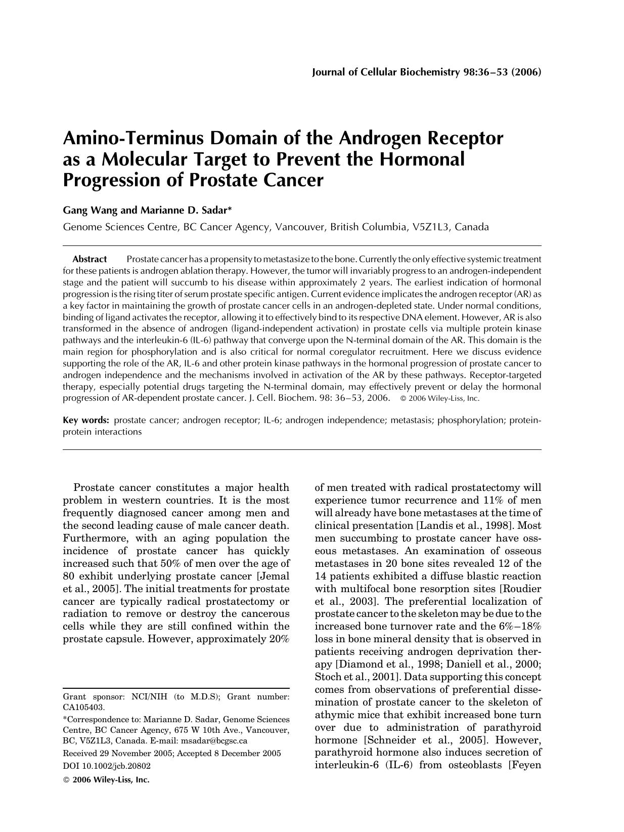 Amino-terminus domain of the androgen receptor as a molecular target to prevent the hormonal progression of prostate cancer by Unknown