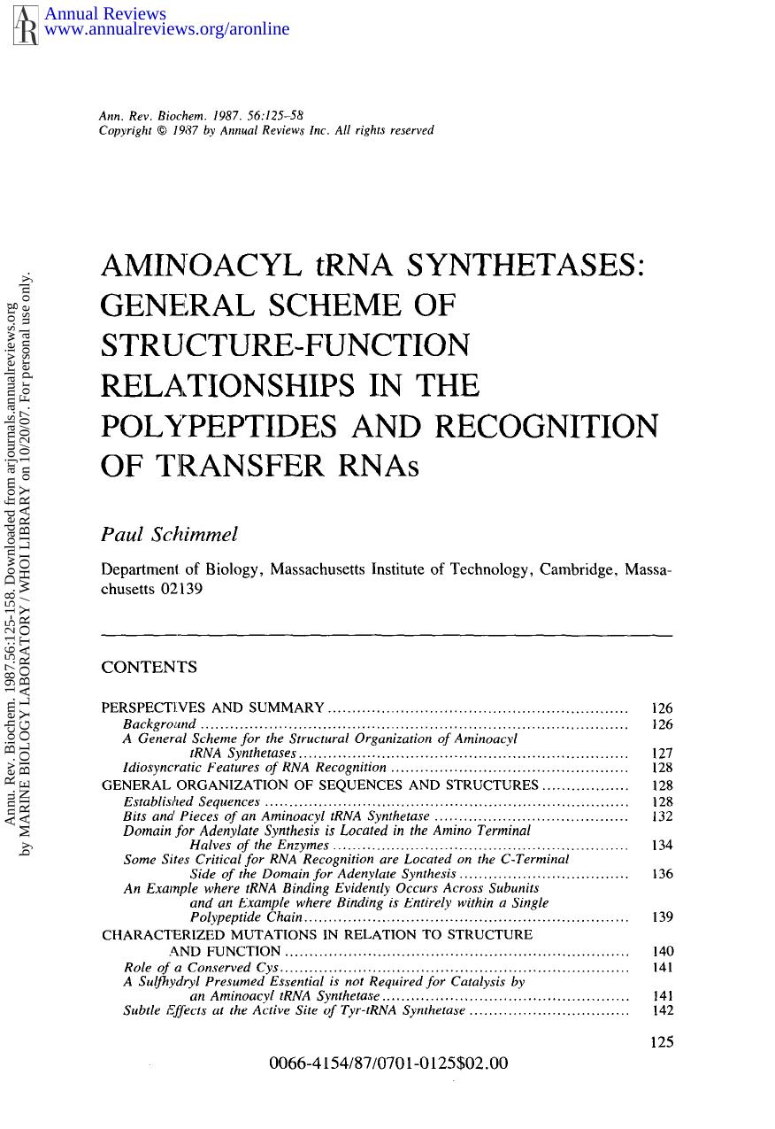 Aminoacyl tRNA Synthetases: General Scheme of Structure-Function Relationships in the Polypeptides and Recognition of Transfer RNAs by P Schimmel