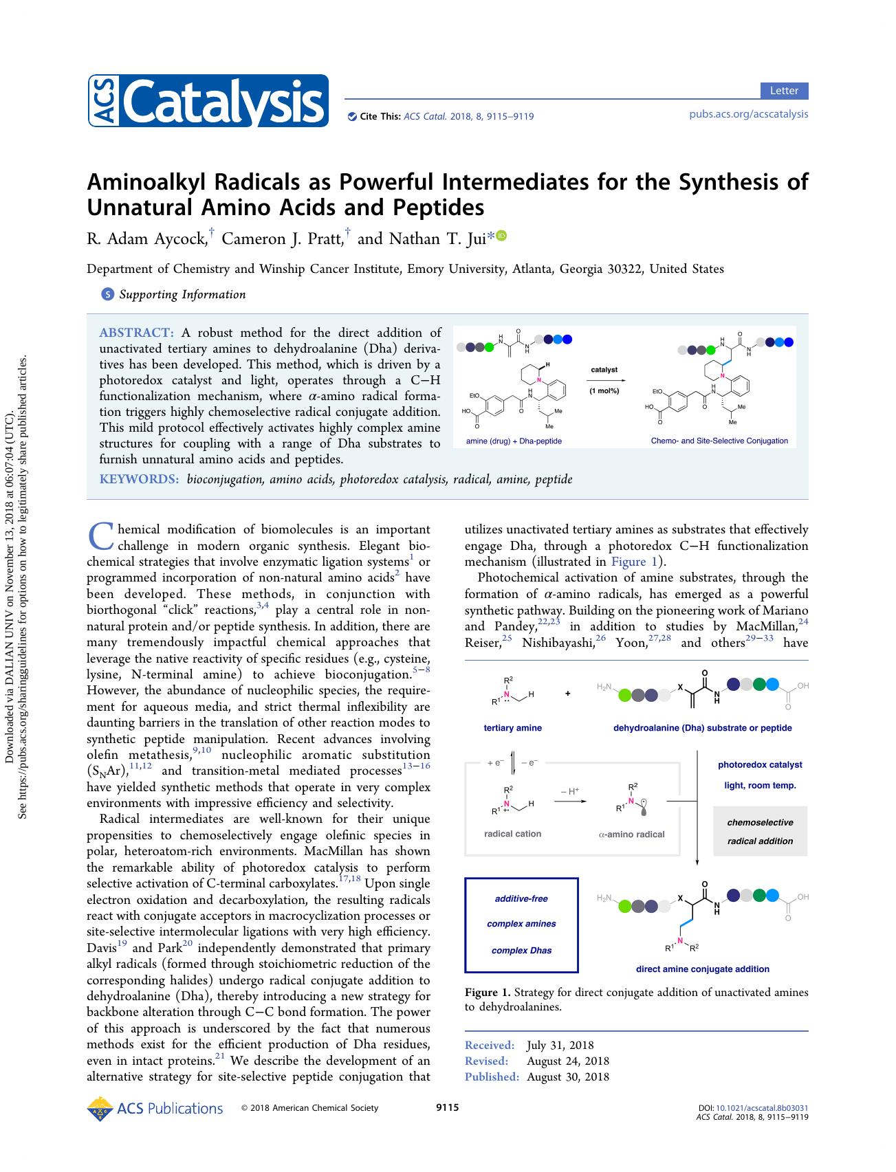 Aminoalkyl Radicals as Powerful Intermediates for the Synthesis of Unnatural Amino Acids and Peptides by R. Adam Aycock & Cameron J. Pratt & Nathan T. Jui