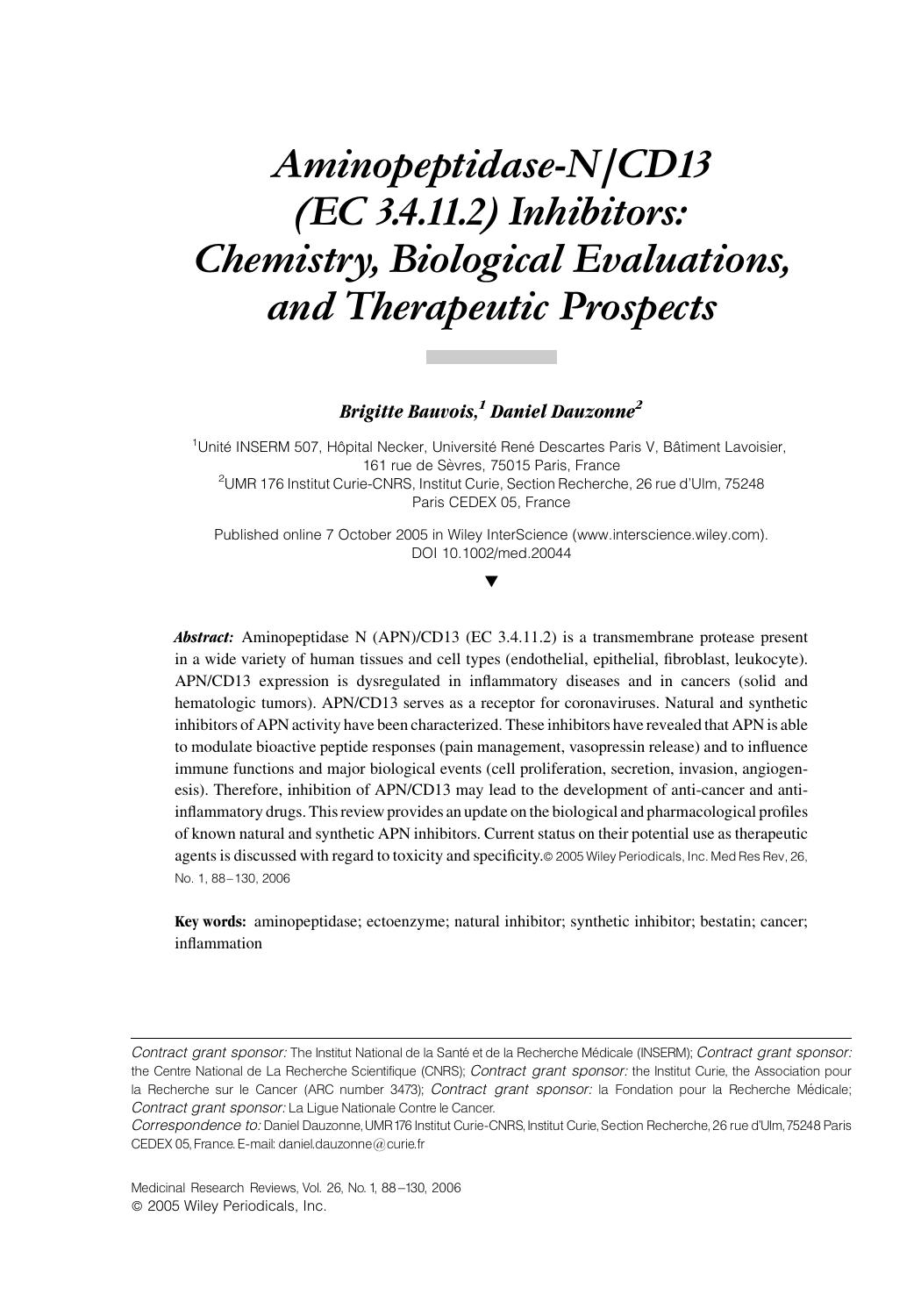 Aminopeptidase-NCD13 (EC 3.4.11.2) inhibitors: Chemistry, biological evaluations, and therapeutic prospects by Unknown