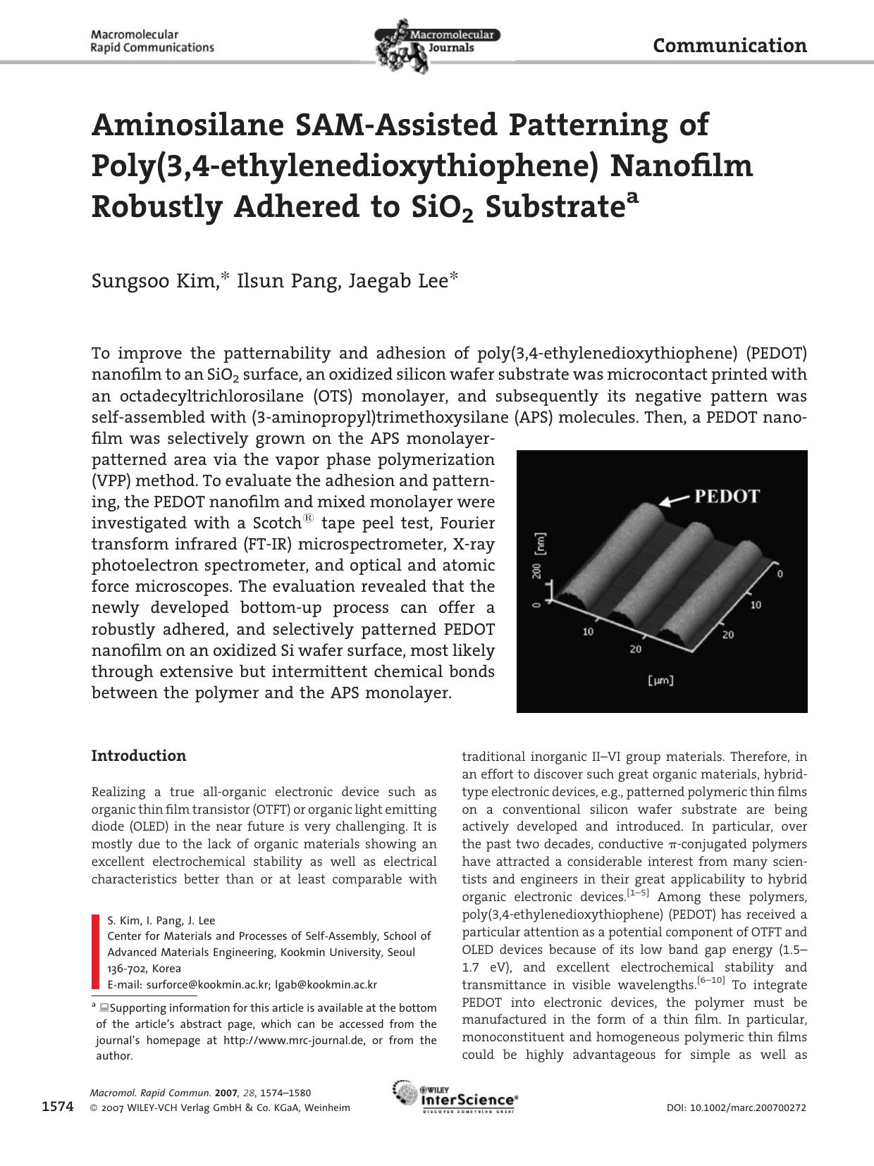 Aminosilane SAMAssisted Patterning of Poly(3,4ethylenedioxythiophene) Nanofilm Robustly Adhered to SiO2 Substrate by Unknown