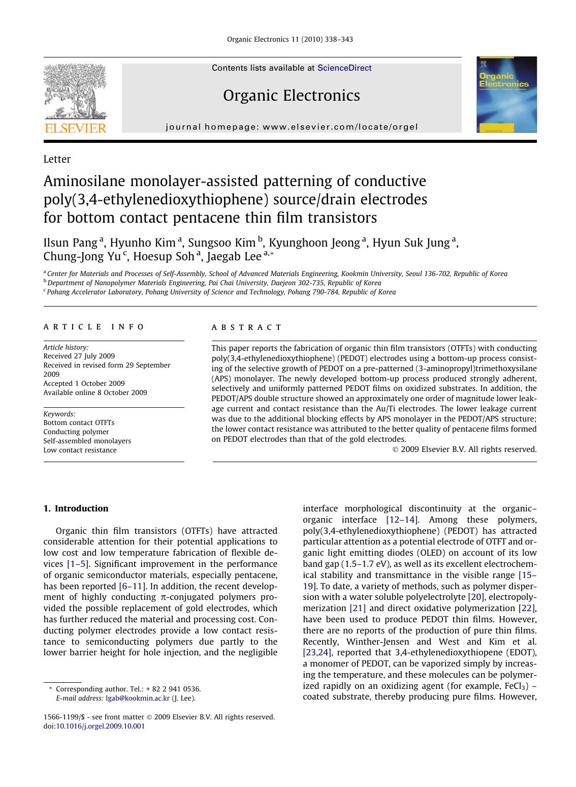 Aminosilane monolayer-assisted patterning of conductive poly(3,4-ethylenedioxythiophene) sourcedrain electrodes for bottom contact pentacene thin film transistors by unknow
