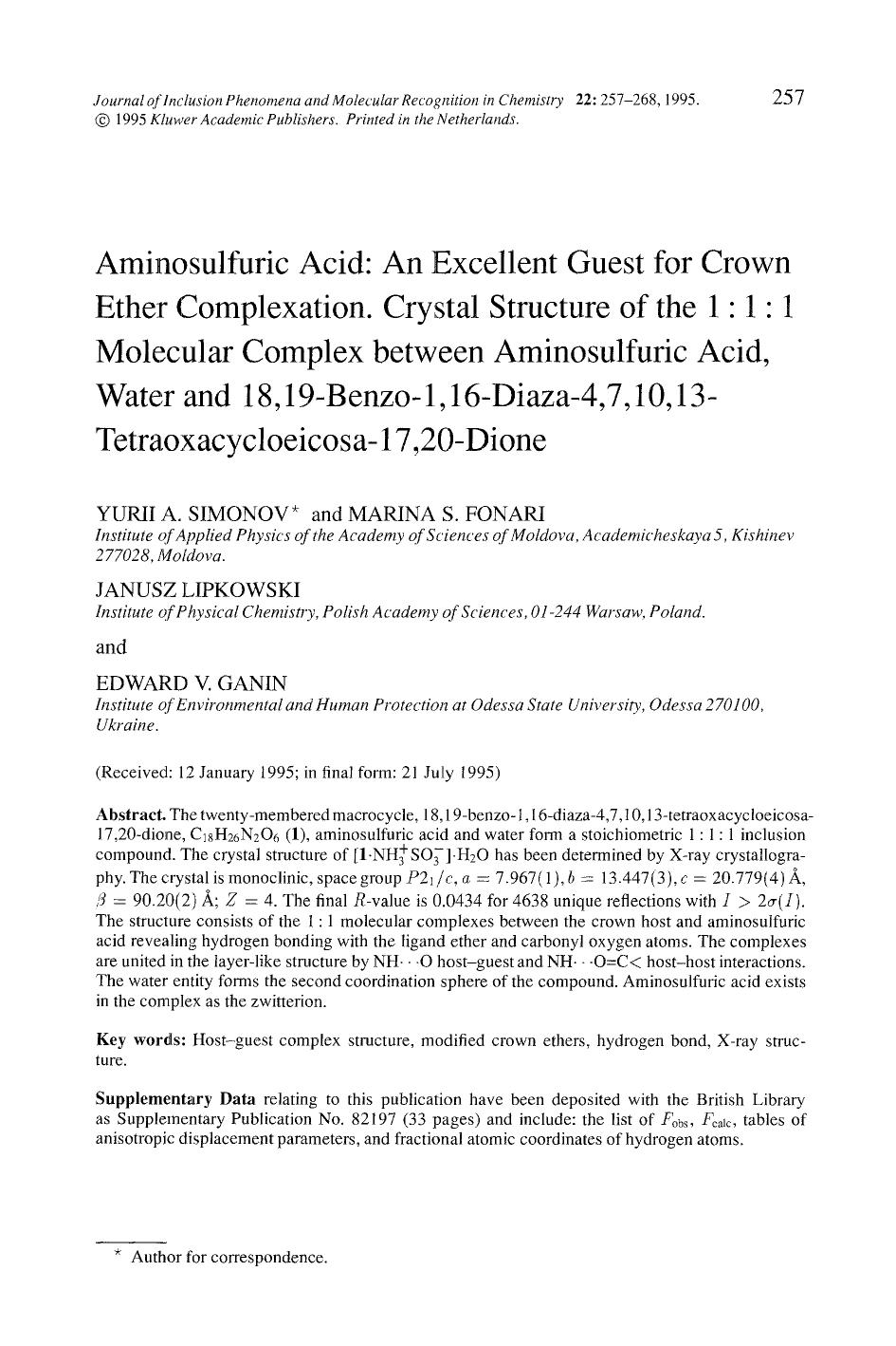 Aminosulfuric acid: An excellent guest for crown ether complexation. Crystal structure of the 1∶1∶1 molecular complex between aminosulfuric acid, water and 18,19-benz by Unknown