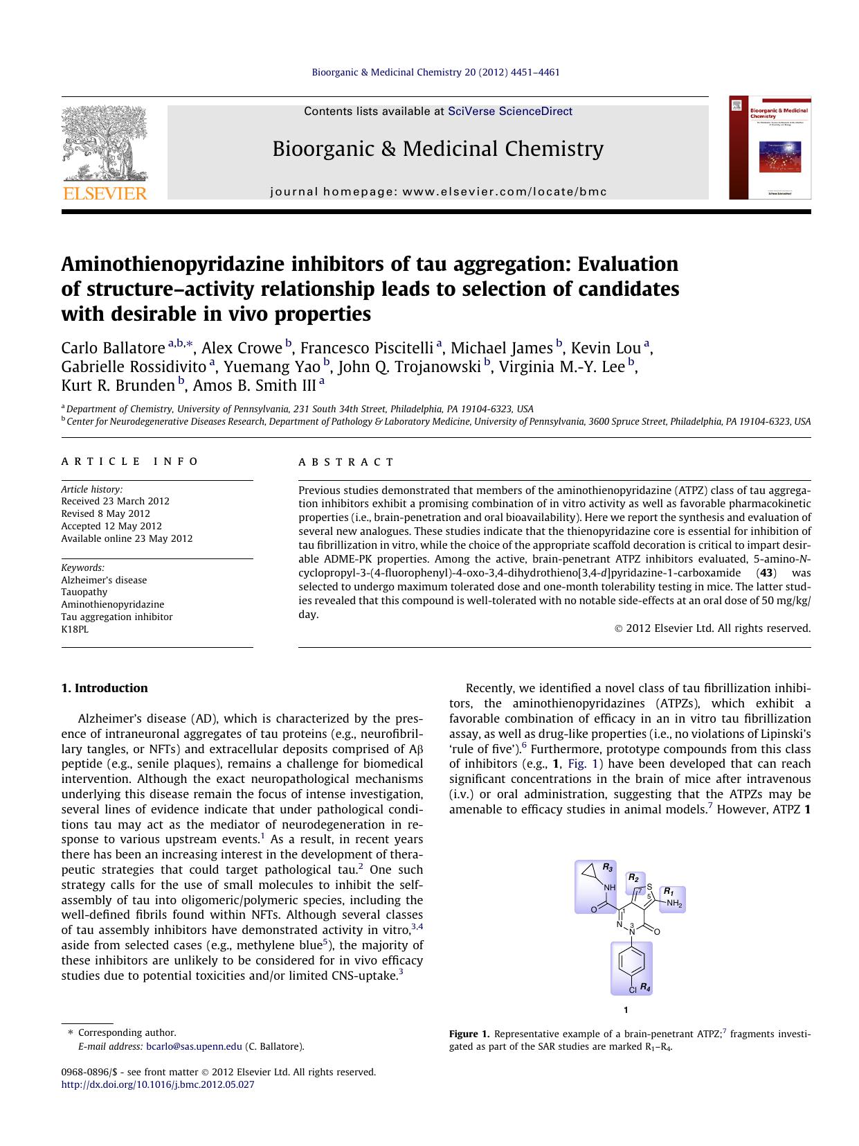 Aminothienopyridazine inhibitors of tau aggregation: Evaluation of structureÃ¢â¬âactivity relationship leads to selection of candidates with desirable in vivo properties by unknow