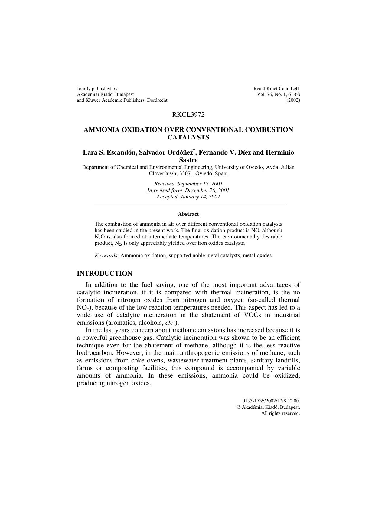 Ammonia Oxidation over Conventional Combustion Catalysts by Unknown